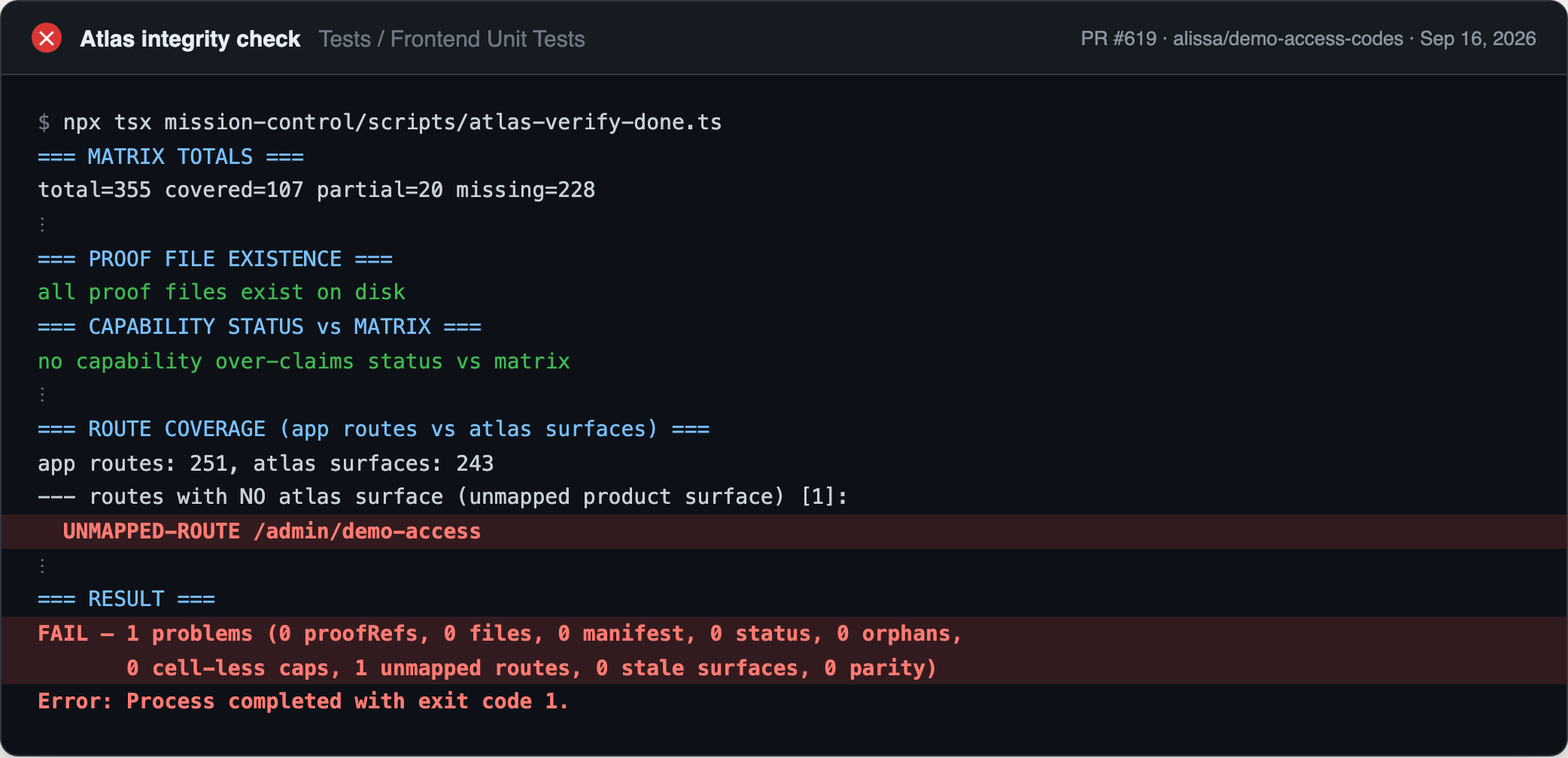 CI log from the Atlas integrity check failing a pull request because a new admin page had no Atlas entry