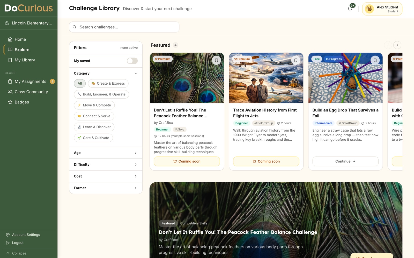 The challenge library as a student sees it: simpler filters, assignments, continue actions