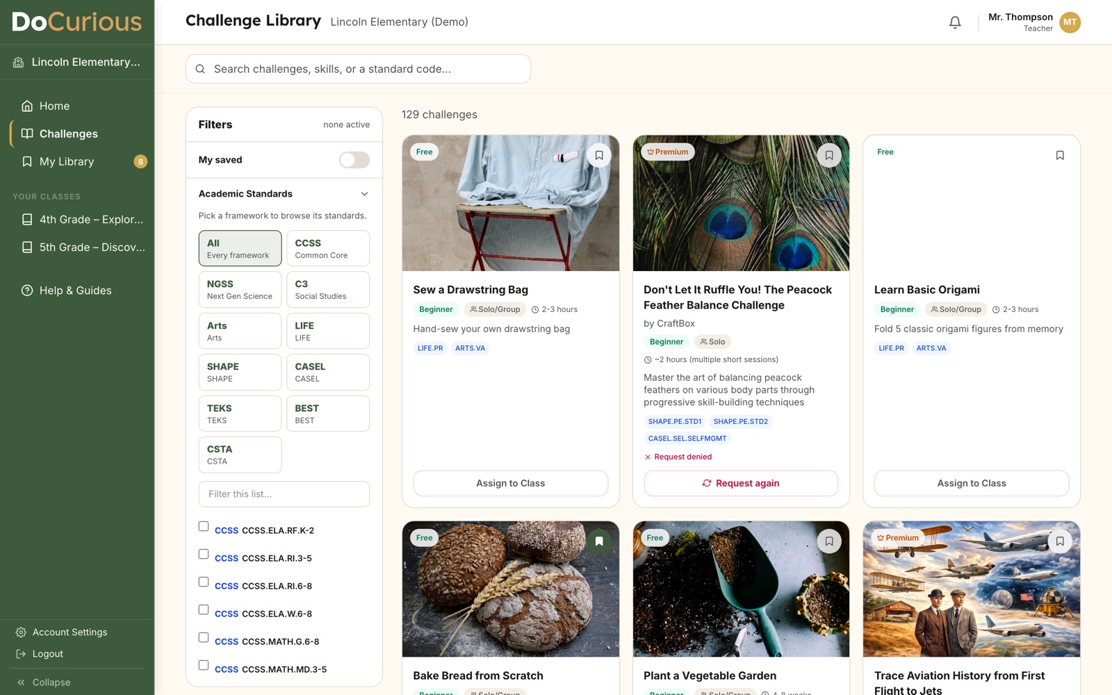 The challenge library as a teacher sees it: academic standards frameworks, standard-code chips, assign-to-class actions