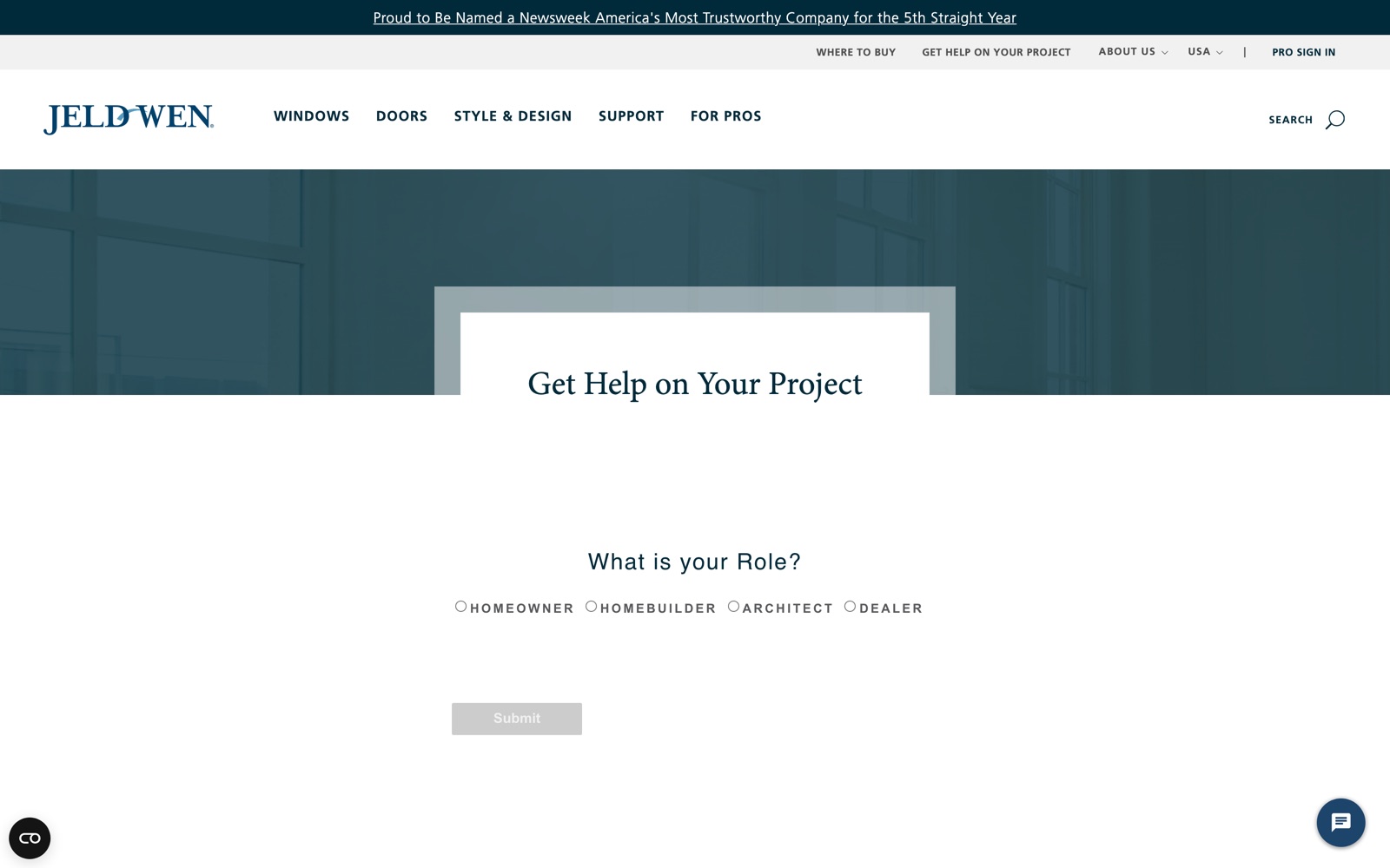 The Get Help flow on jeld-wen.com, captured July 2026
