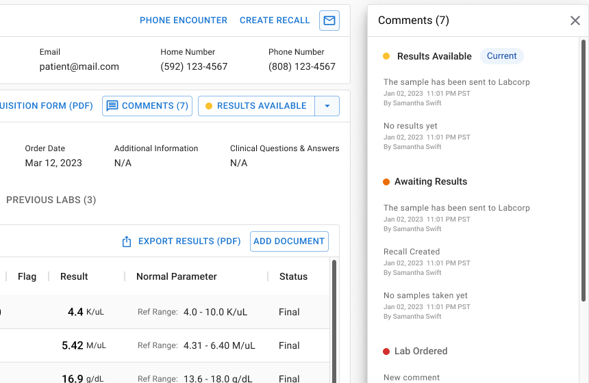 Zoomcare lab results screen with an order status timeline