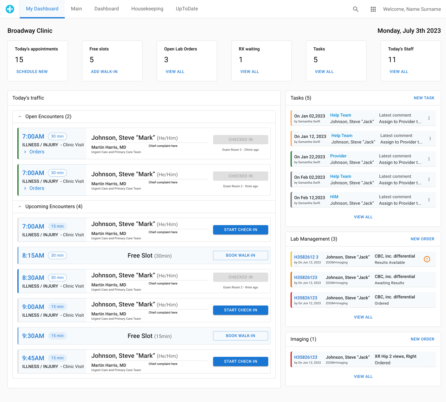 Modernized clinic dashboard interface