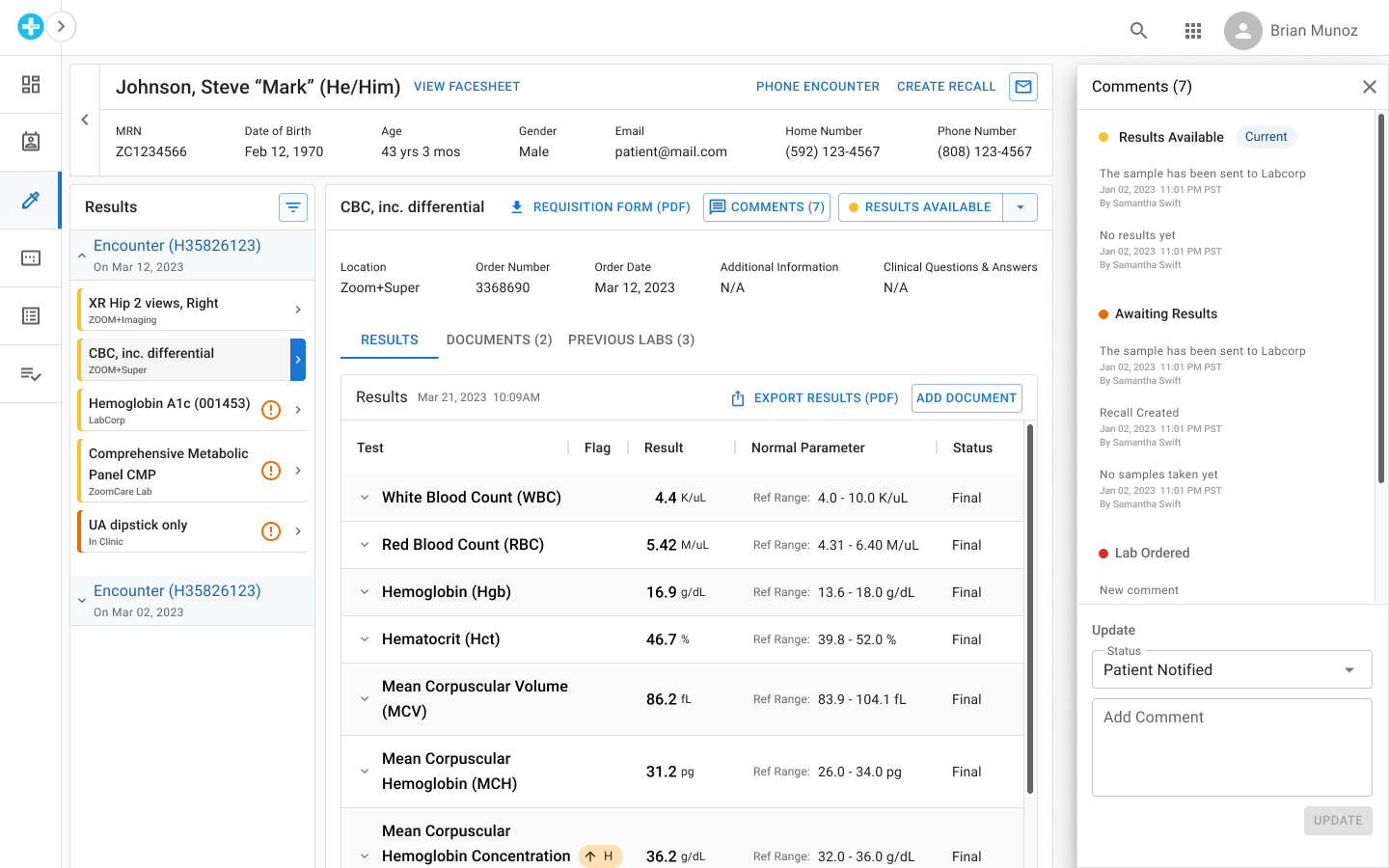 Lab results review screen with per-test status flags and an order status timeline